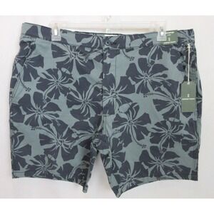 MUTUAL WEAVE CHINO BOARD SHORTS W/ DRAWSTRING Men's 42 Blue Hibiscus Print NWT!!